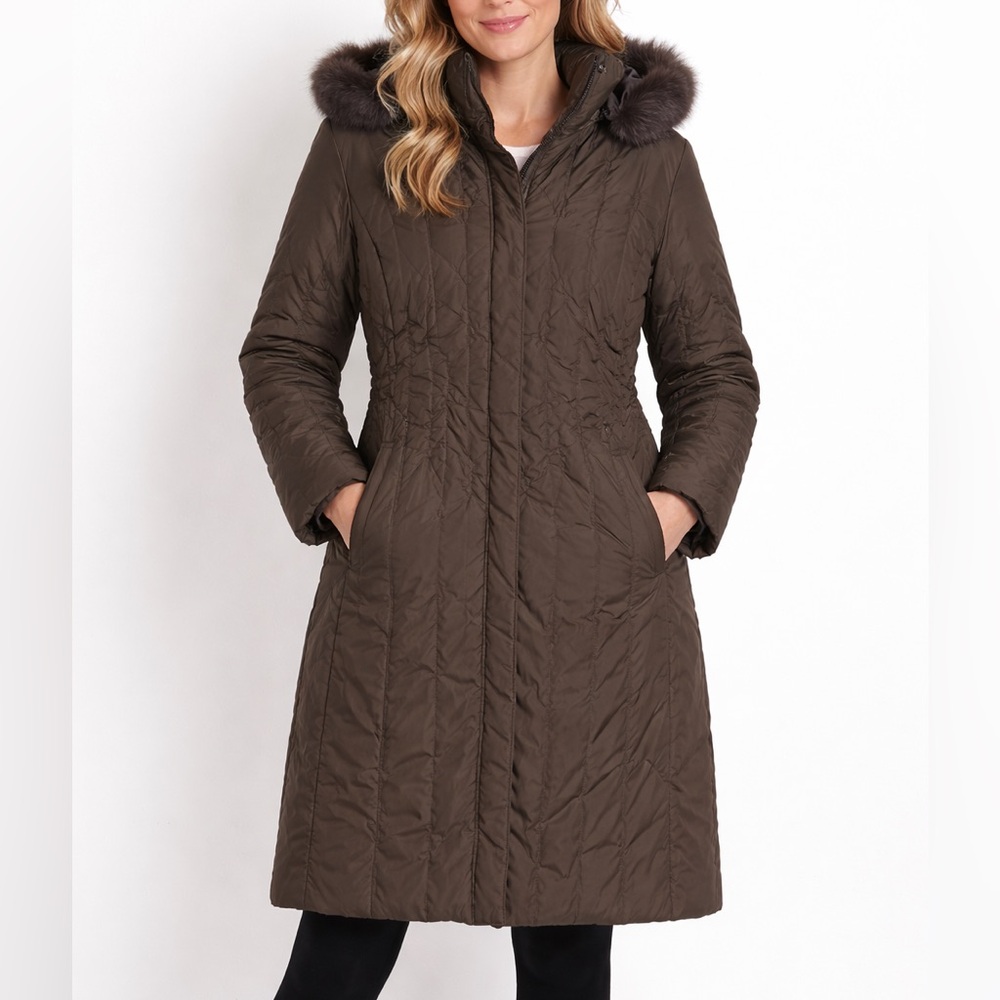 Nine West Brown Quilted Down Jacket Coat Rabbit Fur Trim Hooded Size Medium‎